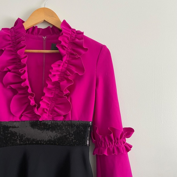 GRETA CONSTANTINE RARE APPLIQUE RUFFLE SEQUIN KNEE LENGTH V-NECK DRESS MARKLE - Picture 8 of 16